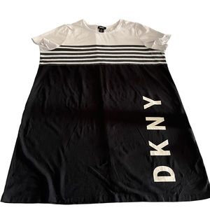 DKNY Black & White Striped Crew Neck T-Shirt Dress Plus Size 2X